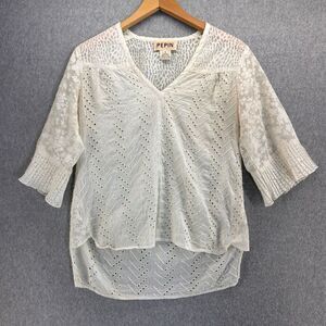 Pepin Size Small V-Neck Eyelet Blouse Cotton Silk Blend Ivory Cream Anthro FLAWS